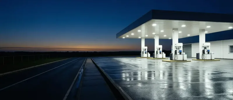 An empty fuel station at dusk: a lit canopy over four pumps, wet asphalt reflecting the light, the approach road dark in the foreground.